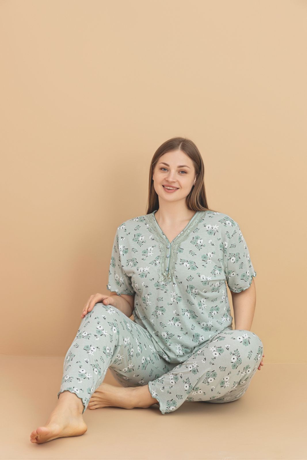 Kadın Büyük Beden Kısa Kollu Bambu Pijama Takımı - Temporium - Açık Yeşil