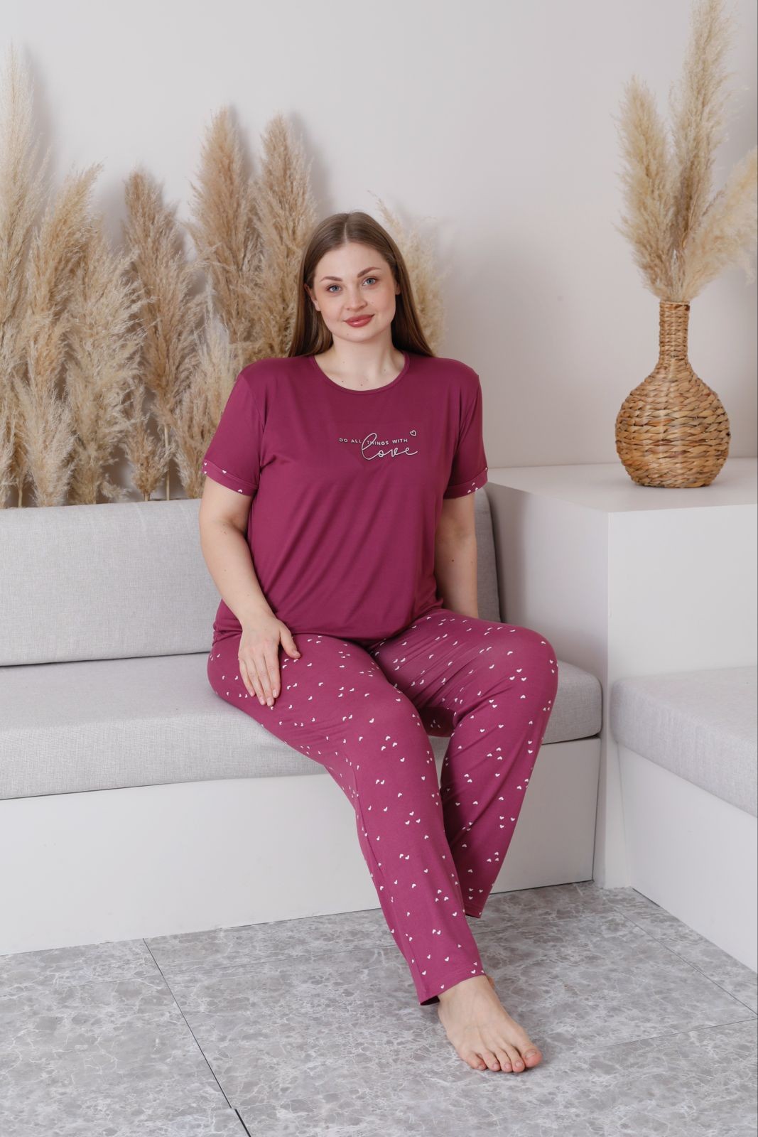 Kadın Büyük Beden Baskılı Desenli Kısa Kollu Milan Kumaş Pijama Takımı - Temporium - Mürdüm