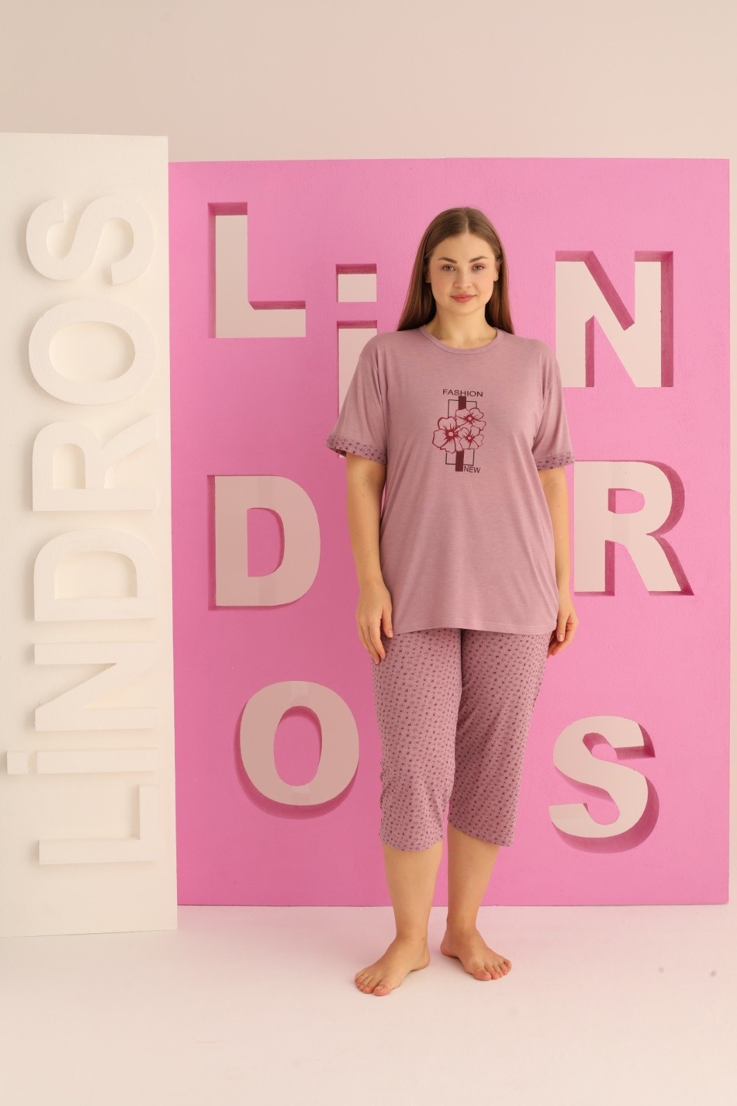 Kadın Büyük Beden Baskılı Desenli Kısa Kollu Kaprili Viskon Pijama Takımı - Açık Mürdüm