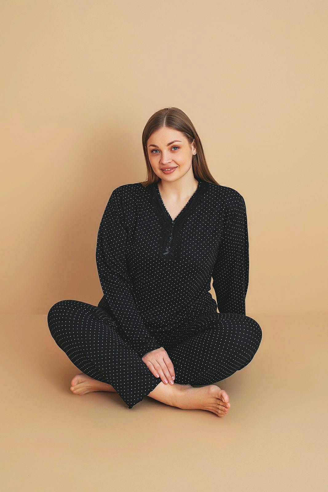 Kadın Büyük Beden Desenli Yakası Düğmeli Uzun Kollu Bambu Pijama Takımı - Siyah-3