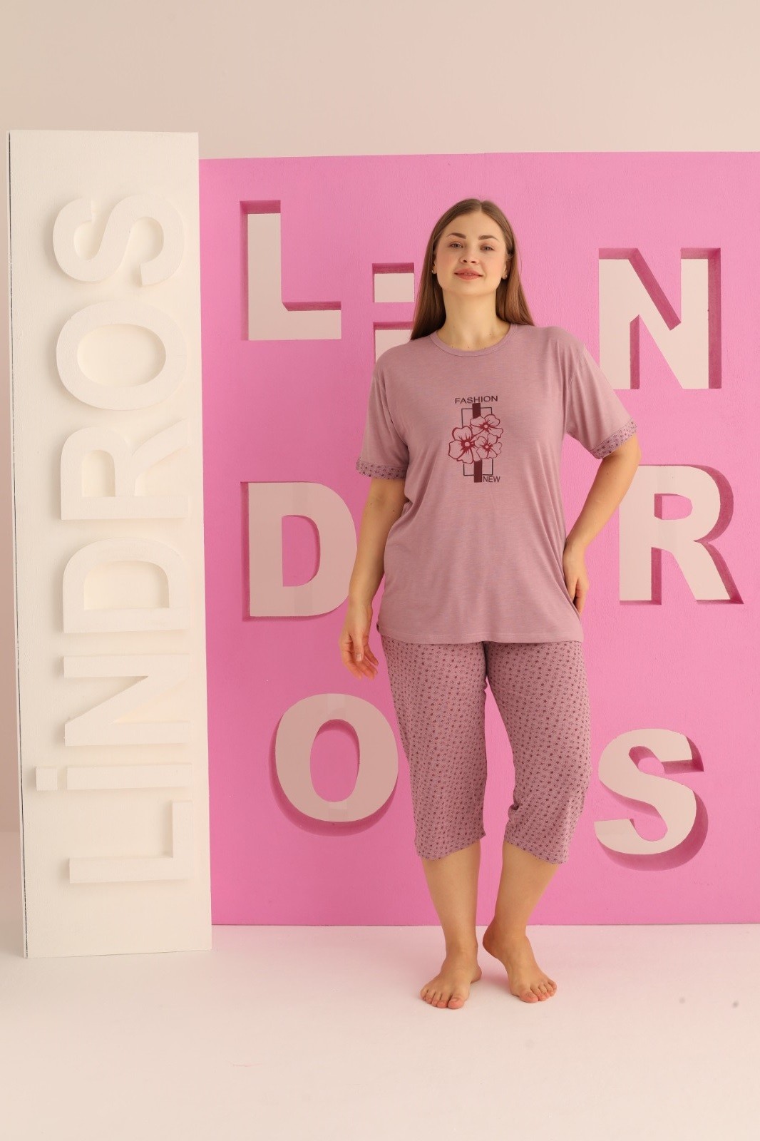 Kadın Büyük Beden Baskılı Desenli Kısa Kollu Kaprili Viskon Pijama Takımı