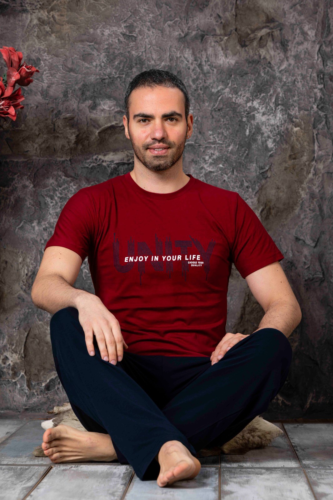 Erkek Cepli Baskılı Kısa Kollu Örme Penye Pijama Takımı - Bordo