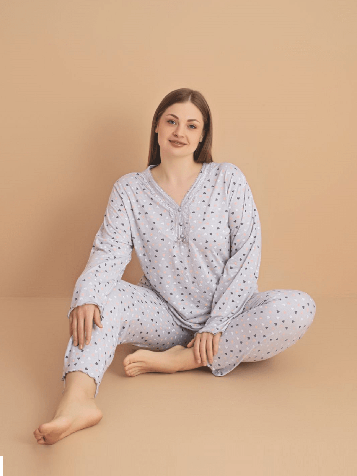 Kadın Büyük Beden Desenli Yakası Düğmeli Uzun Kollu Bambu Pijama Takımı - Açık Pudra-3