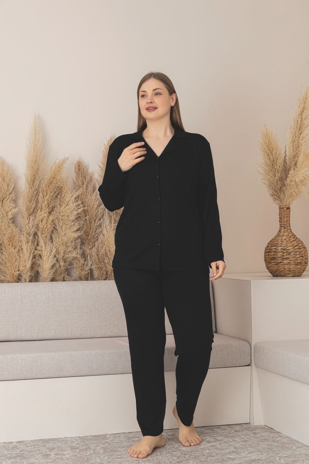 Kadın Büyük Beden Desenli Yakası Düğmeli Uzun Kollu Bambu Pijama Takımı - Siyah-2