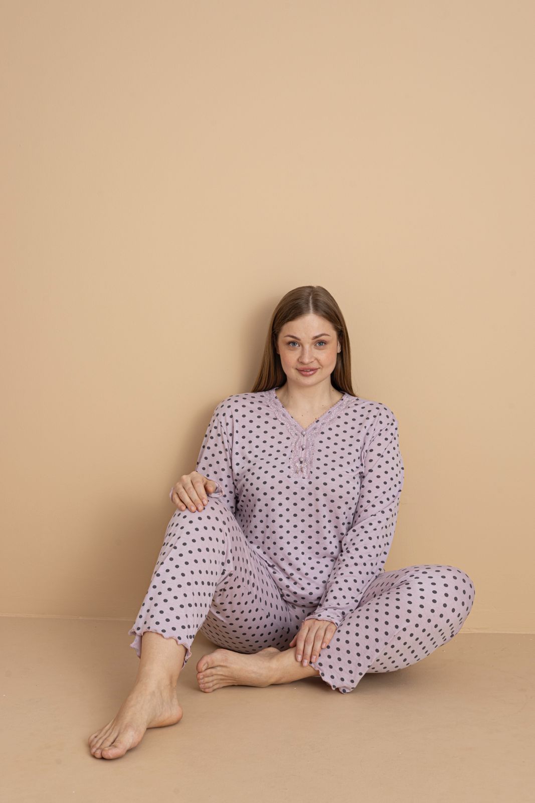 Kadın Büyük Beden Desenli Yakası Düğmeli Uzun Kollu Bambu Pijama Takımı - Lila