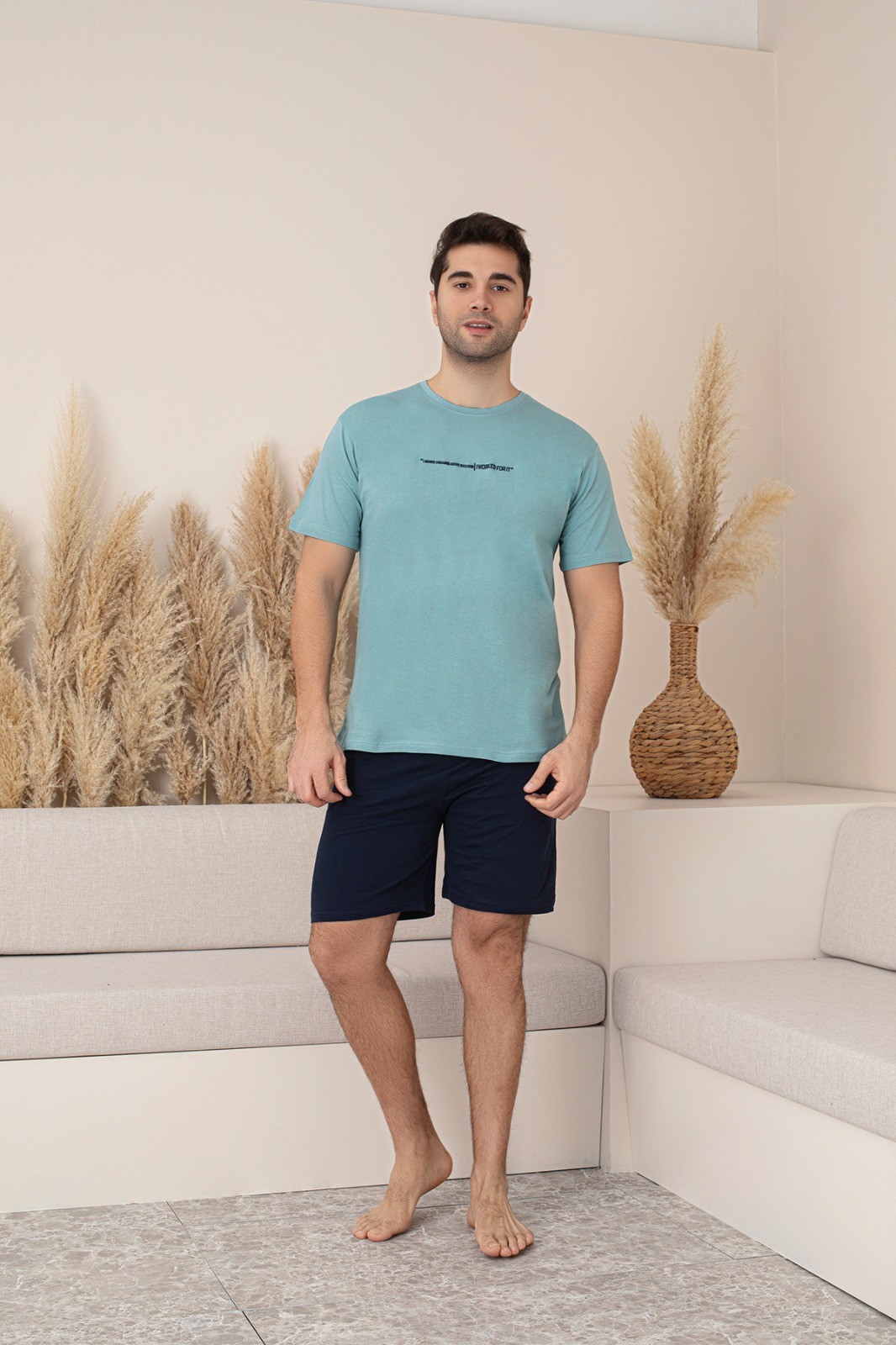 Erkek Baskılı Kısa Kollu Şortlu Pijama Takımı - Turkuaz
