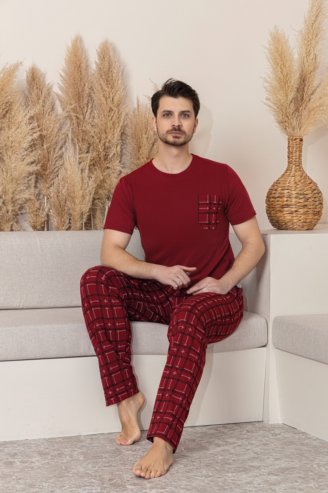 Erkek Cepli Baskılı Kısa Kollu Örme Penye Pijama Takımı - Bordo-2