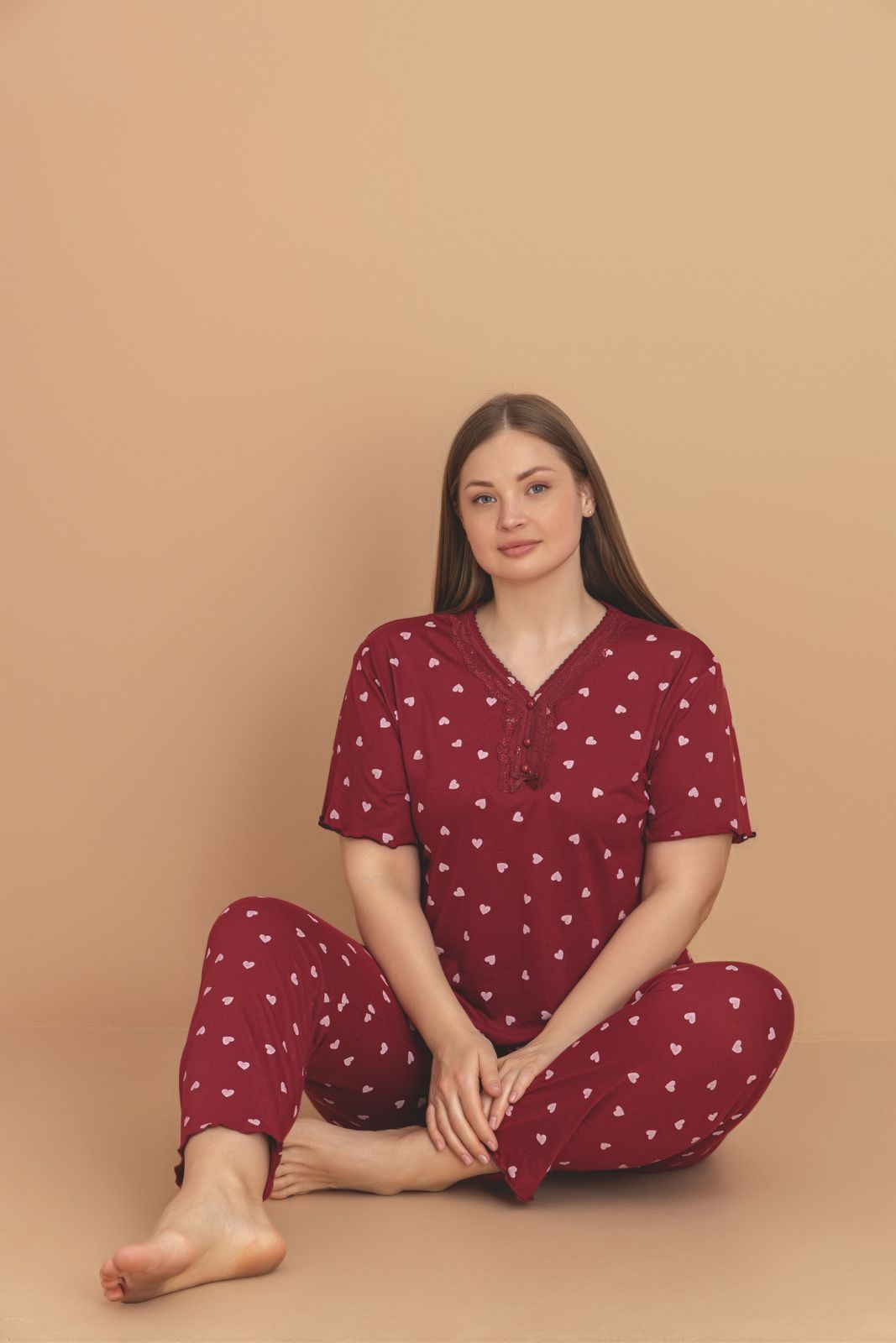 Kadın Büyük Beden Kısa Kollu Bambu Pijama Takımı - Temporium - Koyu Kırmızı