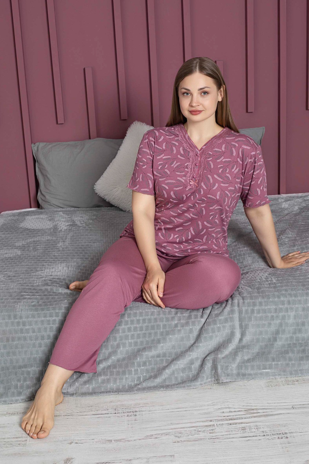 Kadın Büyük Beden Kısa Kollu Bambu Pijama Takımı - Temporium - Mürdüm-2
