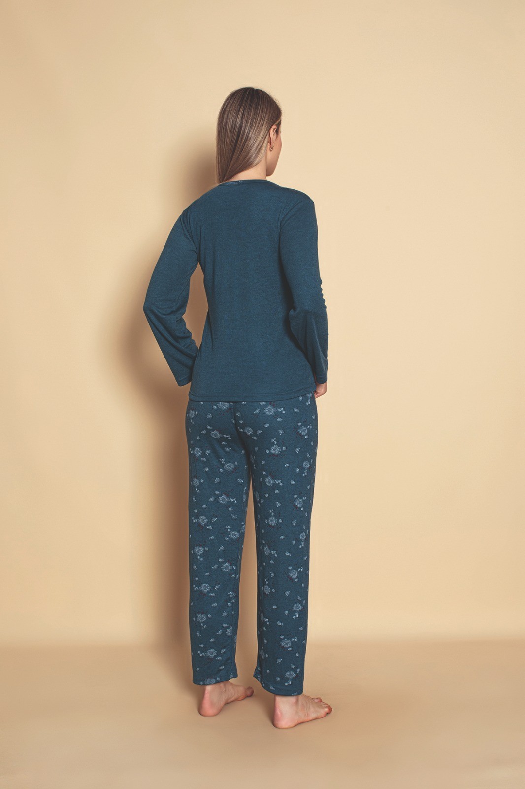 Kadın Kışlık Bambu Yakası Düğmeli Uzun Kollu Pijama Takımı - Açık Mavi