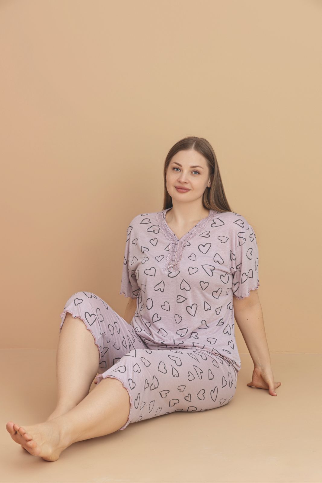 Kadın Büyük Beden Kısa Kollu Kapri Bambu Pijama Takımı - Lila