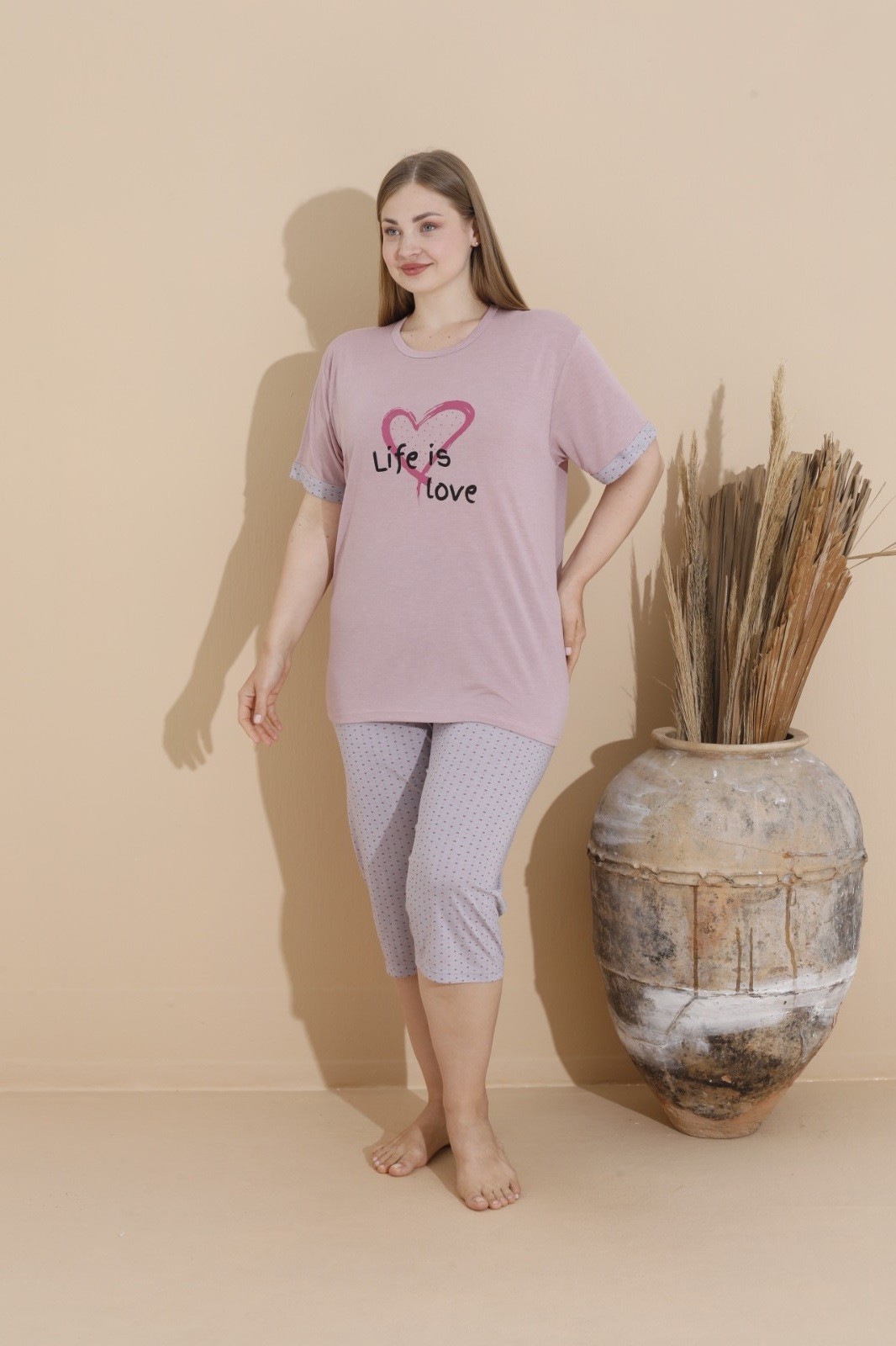 Kadın Büyük Beden Baskılı Desenli Kısa Kollu Kaprili Viskon Pijama Takımı - Açık Lila-1