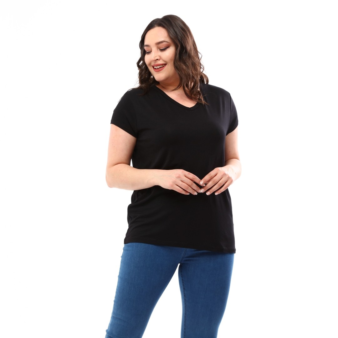 Kadın Büyük Beden V Yaka Basic Viskon T-Shirt - Temporium - Siyah