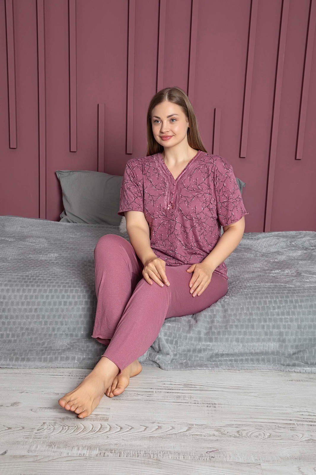 Kadın Büyük Beden Kısa Kollu Bambu Pijama Takımı - Temporium - Mürdüm-1