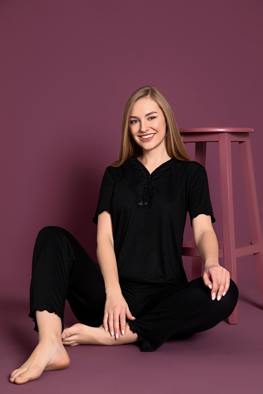 Kadın Siyah Bambu Pijama Takımı - Siyah-6