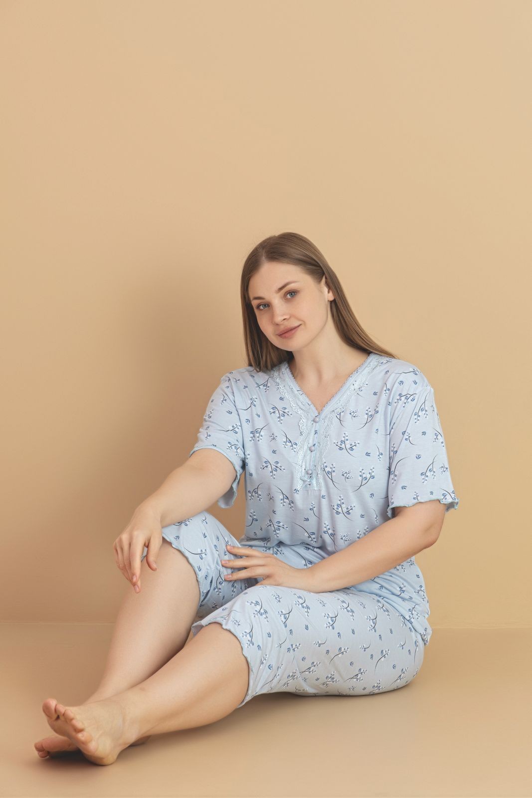 Kadın Büyük Beden Kısa Kollu Kapri Bambu Pijama Takımı - Açık Mavi