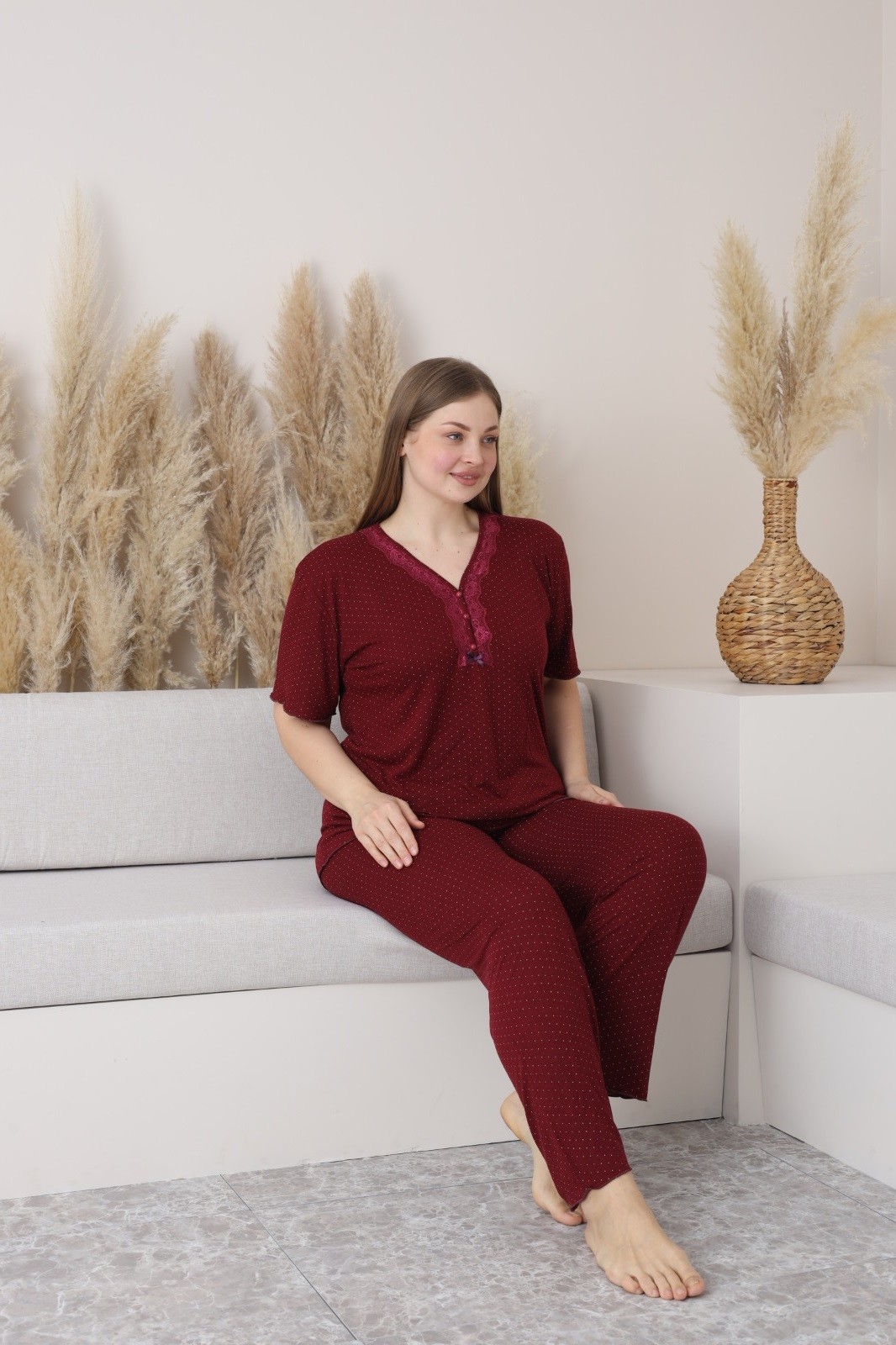Kadın Büyük Beden Kısa Kollu Bambu Pijama Takımı - Temporium - Bordo