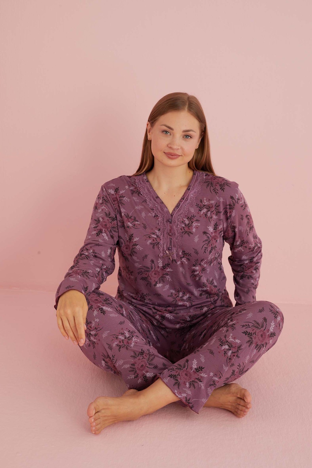 Kadın Büyük Beden Desenli Yakası Düğmeli Uzun Kollu Bambu Pijama Takımı - Mürdüm
