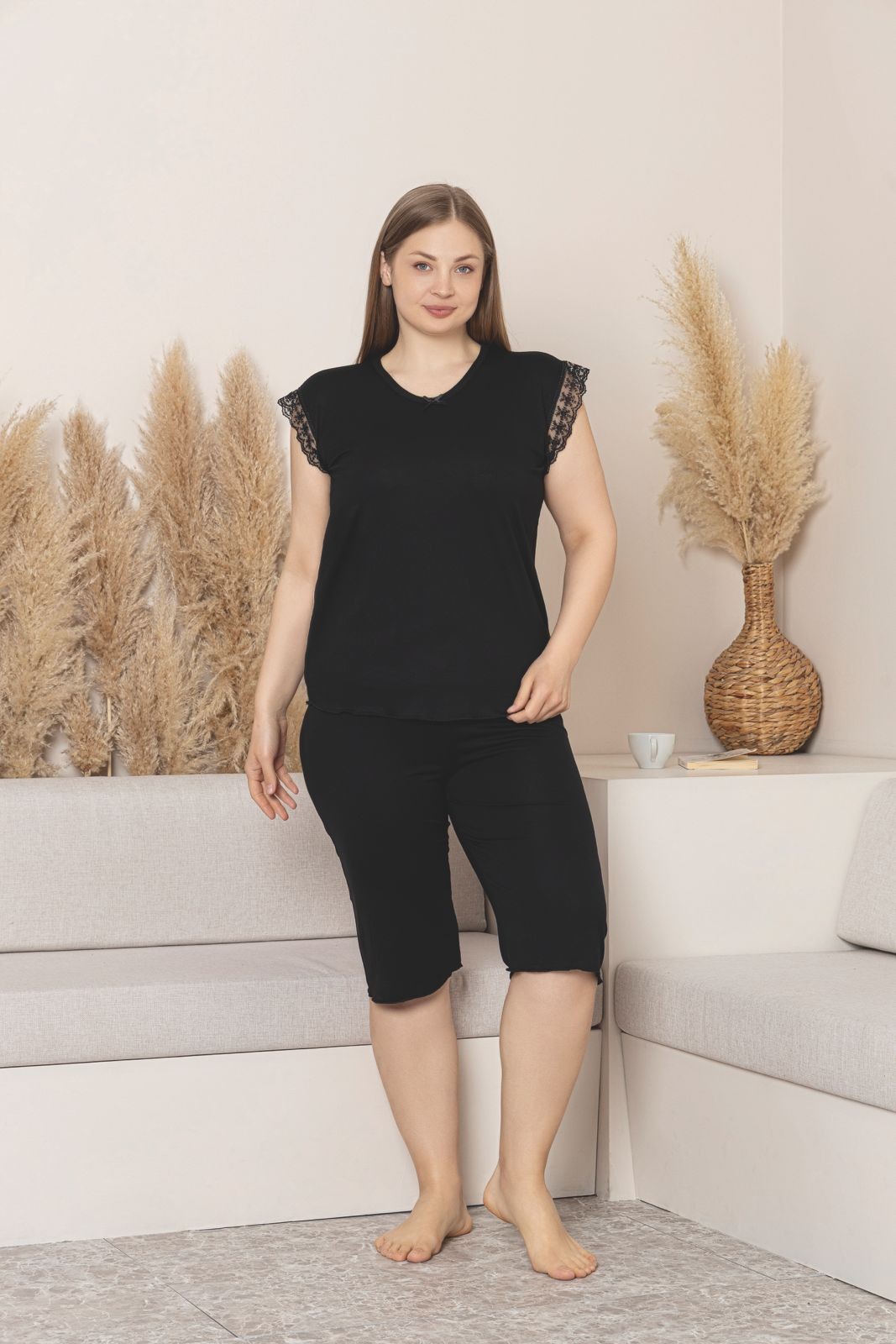 Kadın Büyük Beden Kısa Kollu Kapri Bambu Pijama Takımı - Siyah