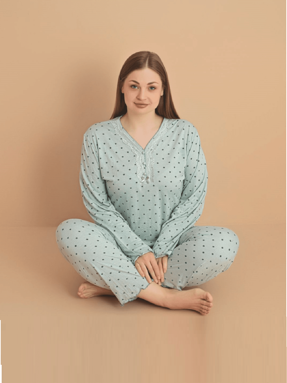 Kadın Büyük Beden Desenli Yakası Düğmeli Uzun Kollu Bambu Pijama Takımı - Açık Yeşil