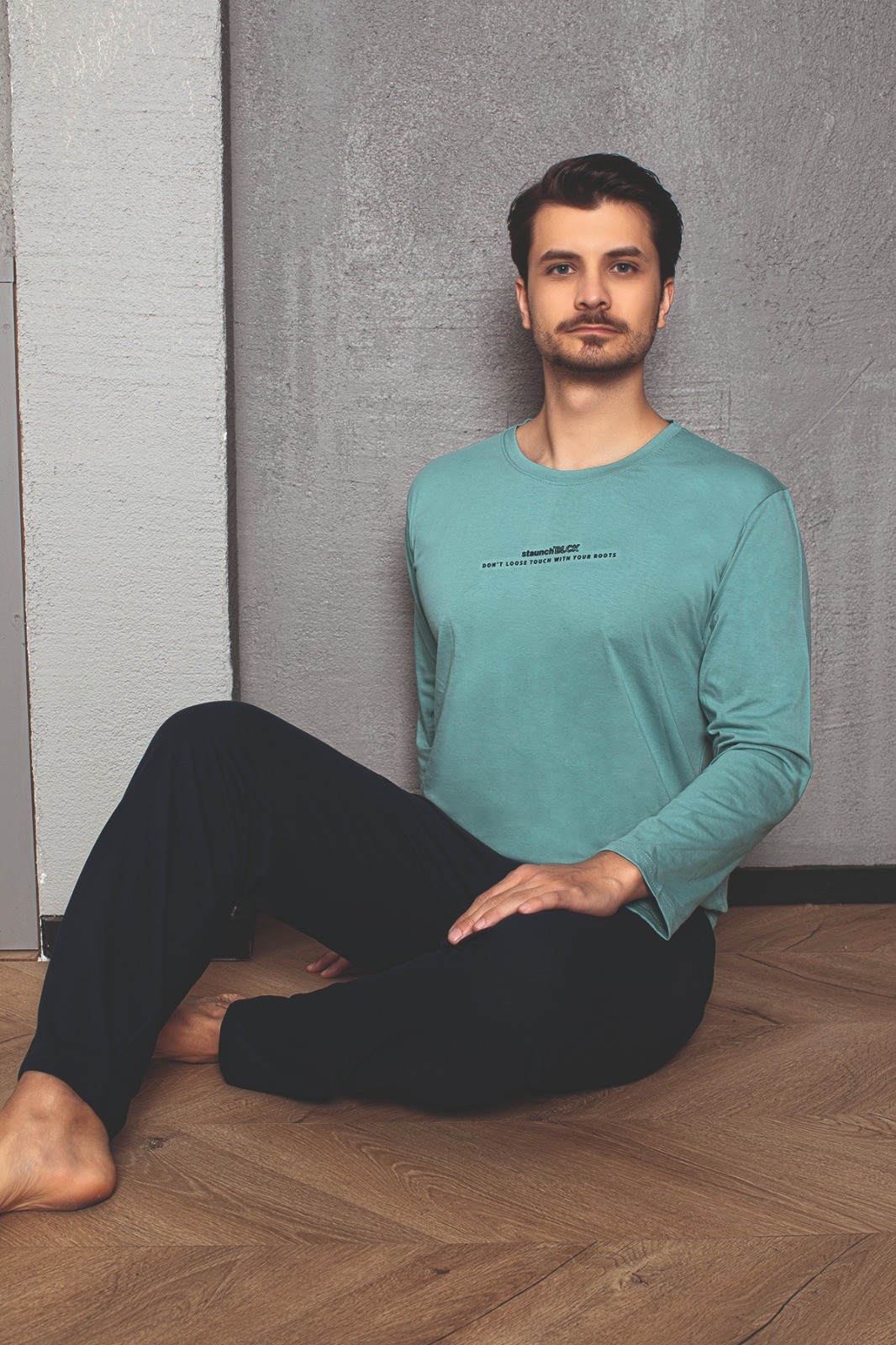 Erkek Cepli Baskılı Uzun Kollu Örme Pijama Takımı - Açık Yeşil