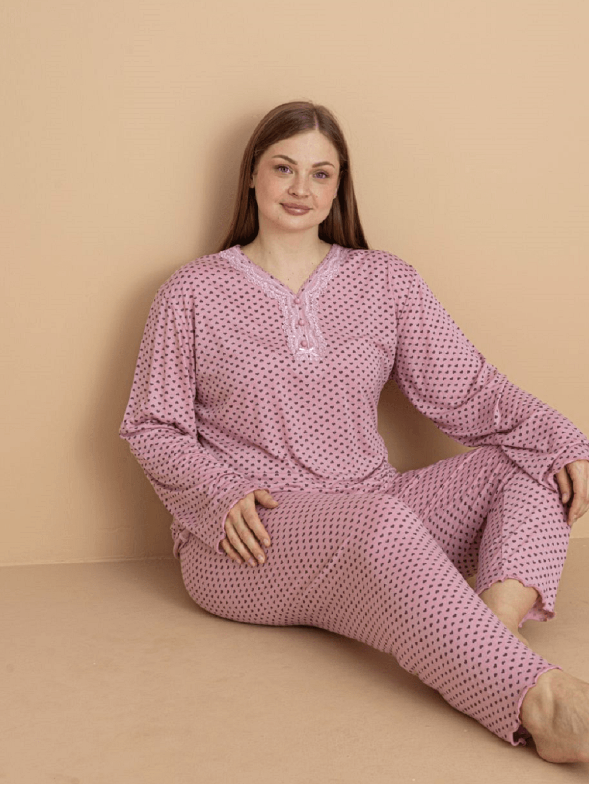 Kadın Büyük Beden Desenli Yakası Düğmeli Uzun Kollu Bambu Pijama Takımı - Pudra-3