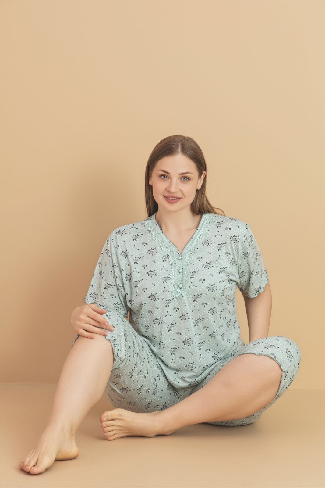 Kadın Büyük Beden Kısa Kollu Kapri Bambu Pijama Takımı - Açık Yeşil