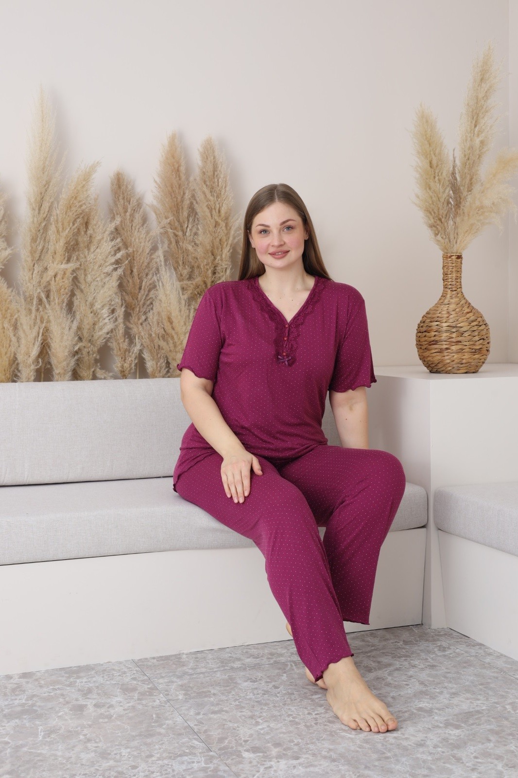 Kadın Büyük Beden Kısa Kollu Bambu Pijama Takımı - Temporium - Açık Mürdüm
