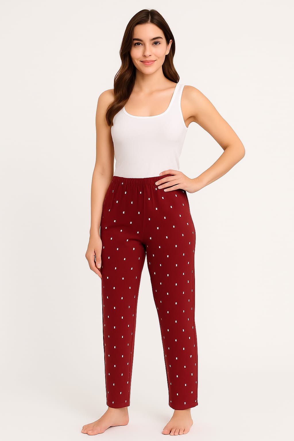 Kadın Büyük Beden Desenli Milan Kumaş Pijama Altı - Bordo