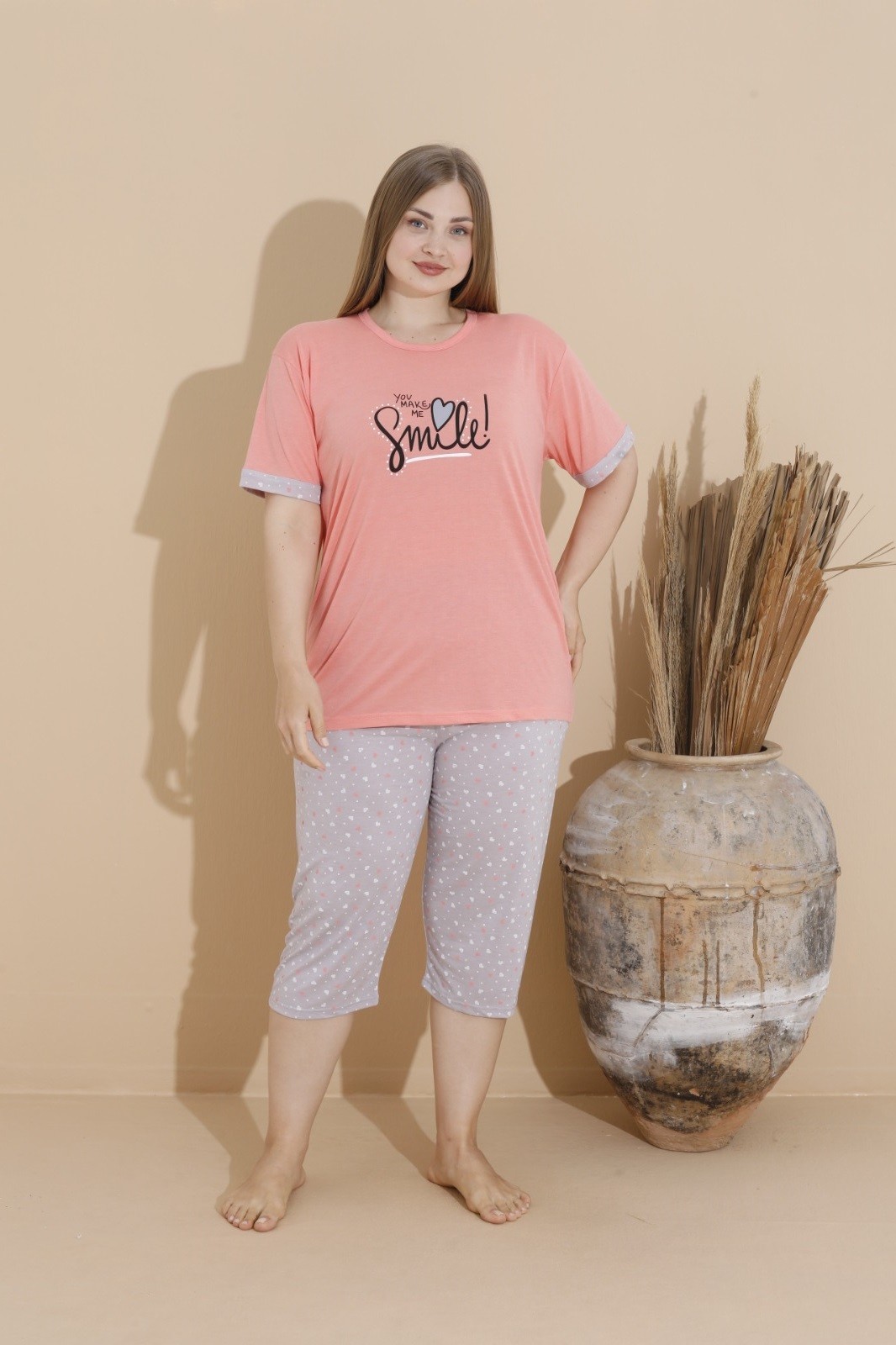 Kadın Büyük Beden Baskılı Desenli Kısa Kollu Kaprili Viskon Pijama Takımı