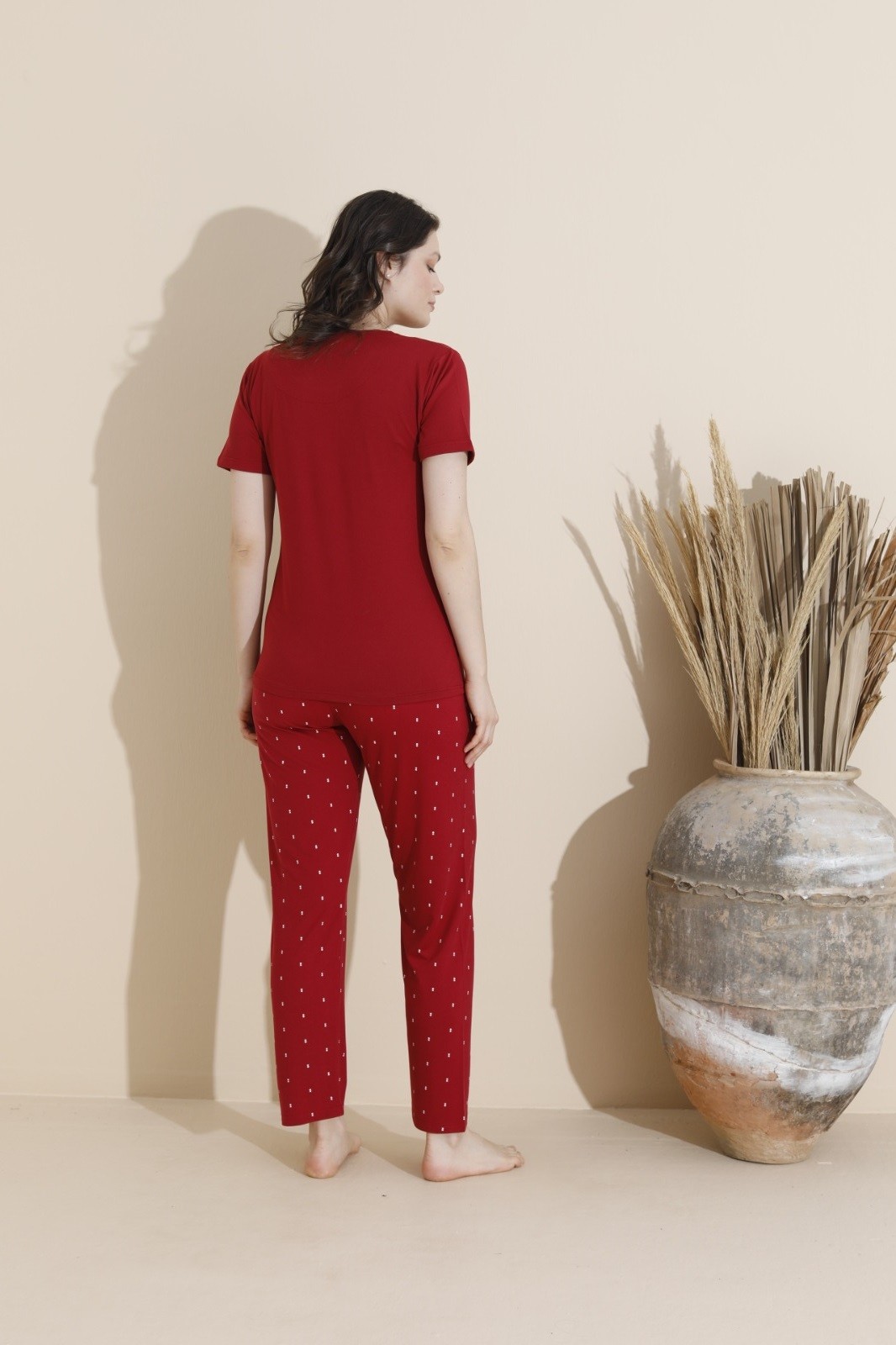 Kadın Baskılı Desenli Kısa Kollu Milan Kumaş Pijama Takımı