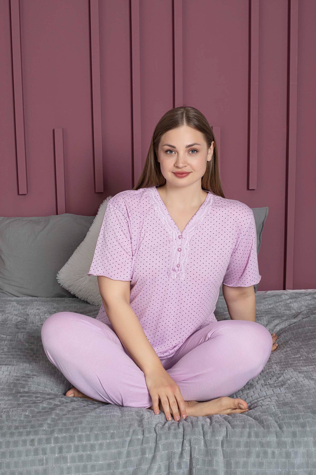 Kadın Büyük Beden Kısa Kollu Bambu Pijama Takımı - Temporium - Açık Lila-2