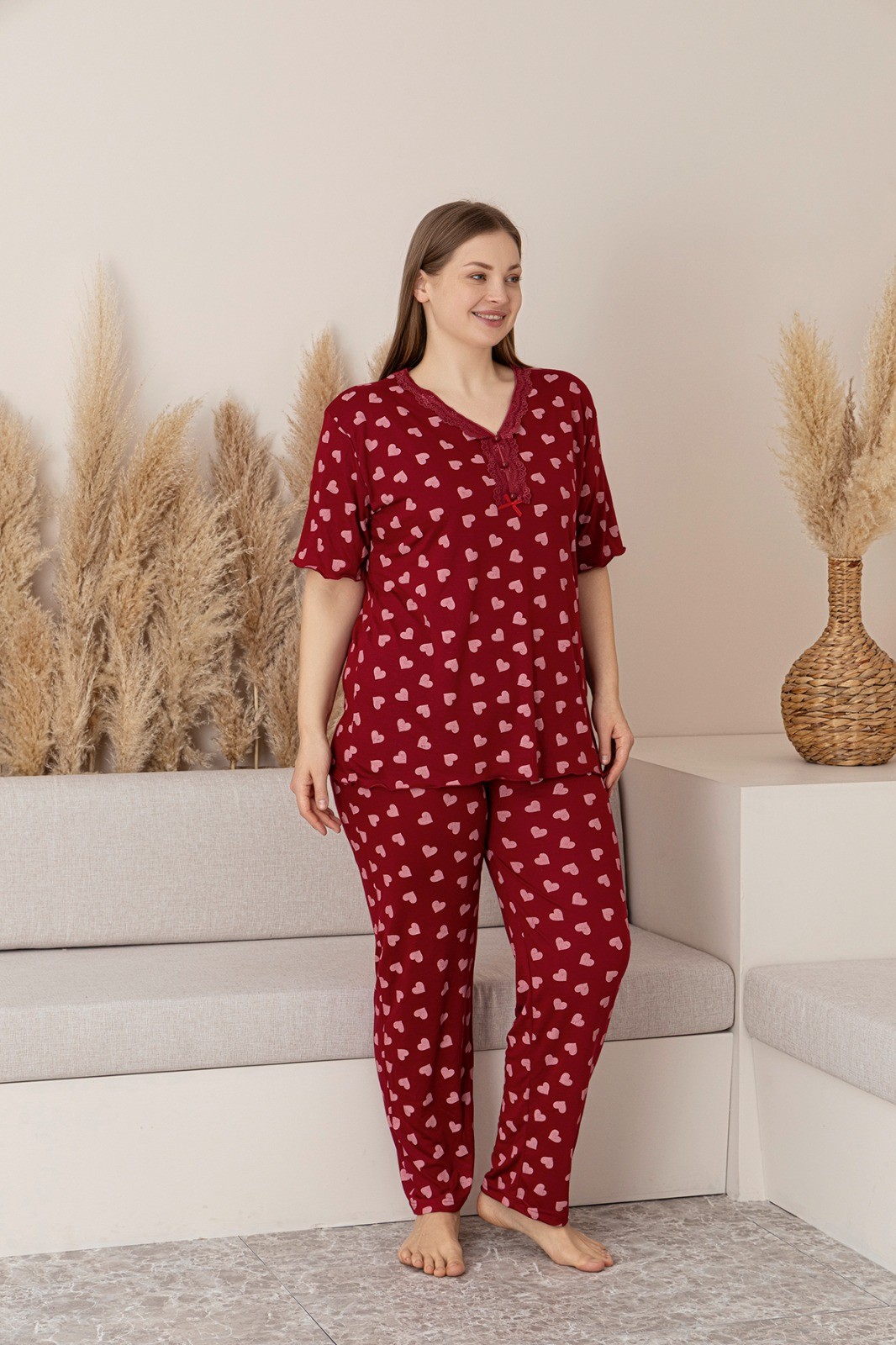 Kadın Büyük Beden Kısa Kollu Bambu Pijama Takımı - Temporium - Kırmızı