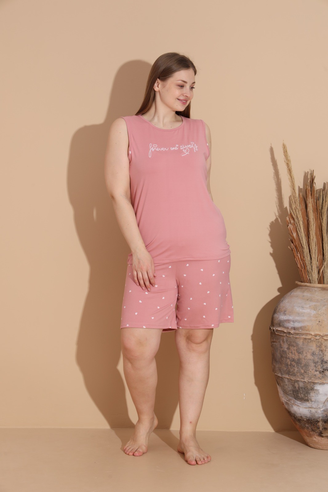 Kadın Milan Kumaş Büyük Beden Baskılı Desenli Bambu Şortlu Pijama Takımı - Somon