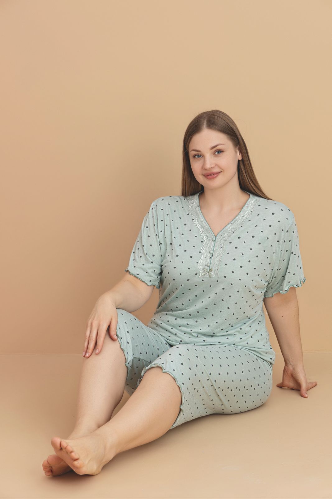 Kadın Büyük Beden Kısa Kollu Kapri Bambu Pijama Takımı - Yeşil