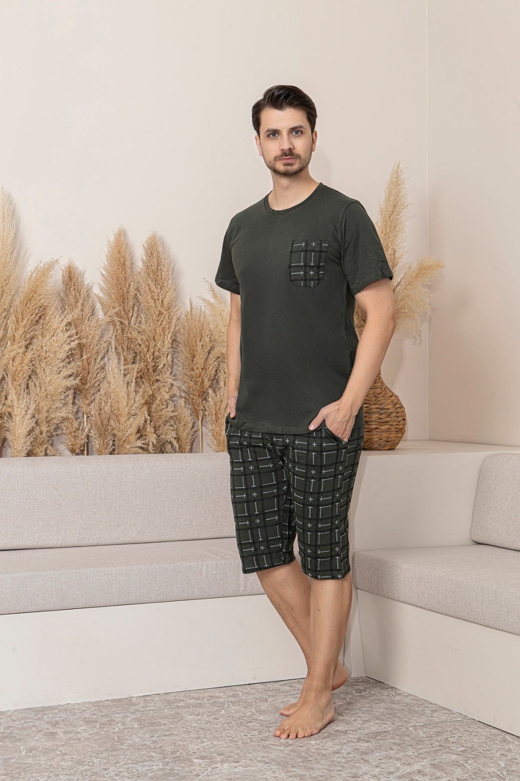 Erkek Baskılı Kısa Kollu Şortlu Pijama Takımı - Haki