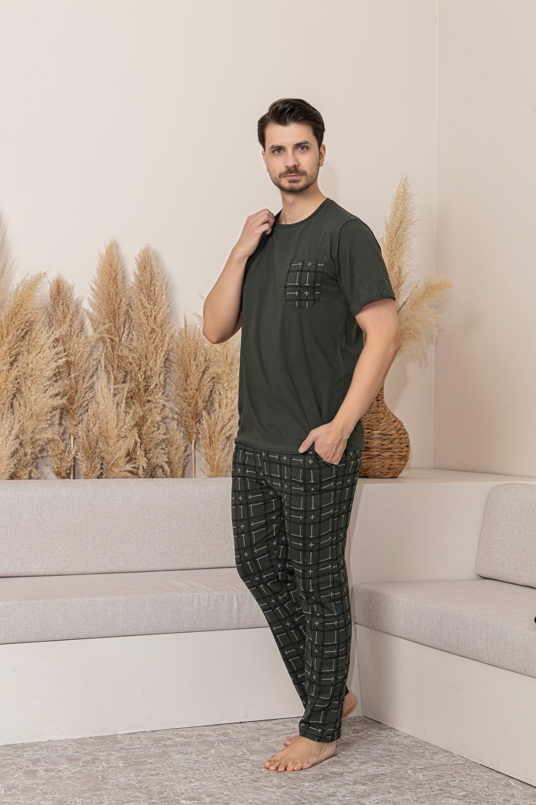 Erkek Cepli Baskılı Kısa Kollu Örme Penye Pijama Takımı - Yeşil