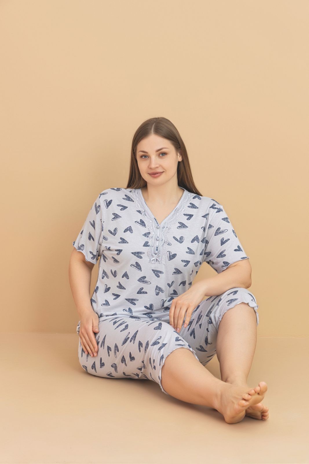 Kadın Büyük Beden Kısa Kollu Kapri Bambu Pijama Takımı - Açık Gri