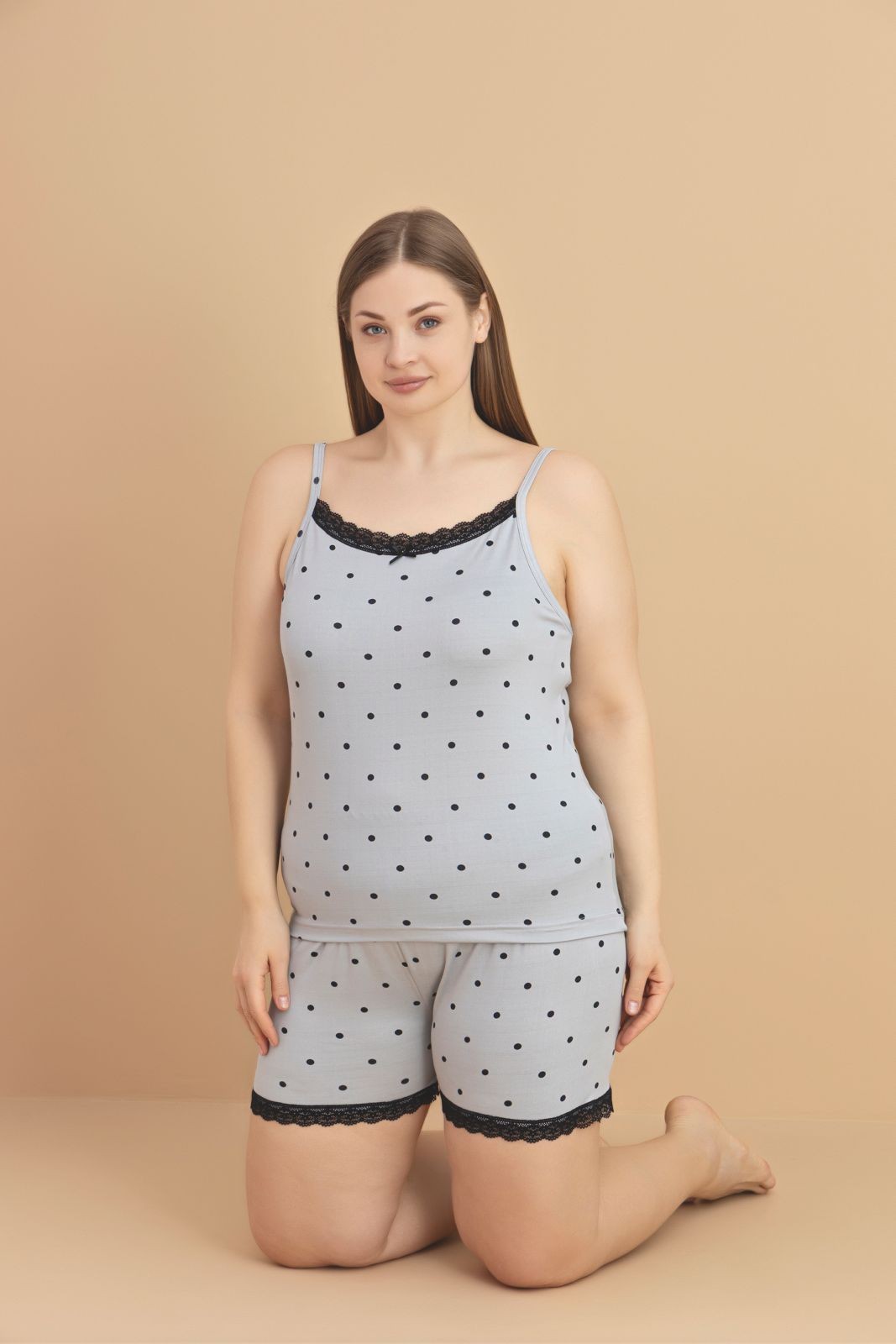 Kadın Milan Kumaş Büyük Beden Baskılı Desenli Bambu Şortlu Pijama Takımı - Gri-2
