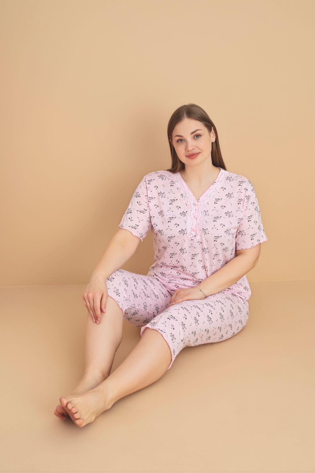 Kadın Büyük Beden Kısa Kollu Kapri Bambu Pijama Takımı - Açık Pembe