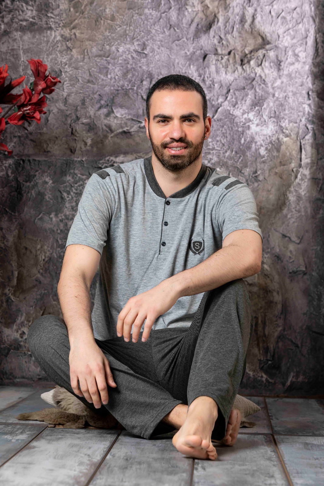 Erkek Cepli Baskılı Kısa Kollu Örme Penye Pijama Takımı - Gri-2