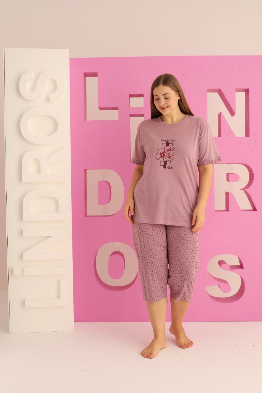 Kadın Büyük Beden Baskılı Desenli Kısa Kollu Kaprili Viskon Pijama Takımı