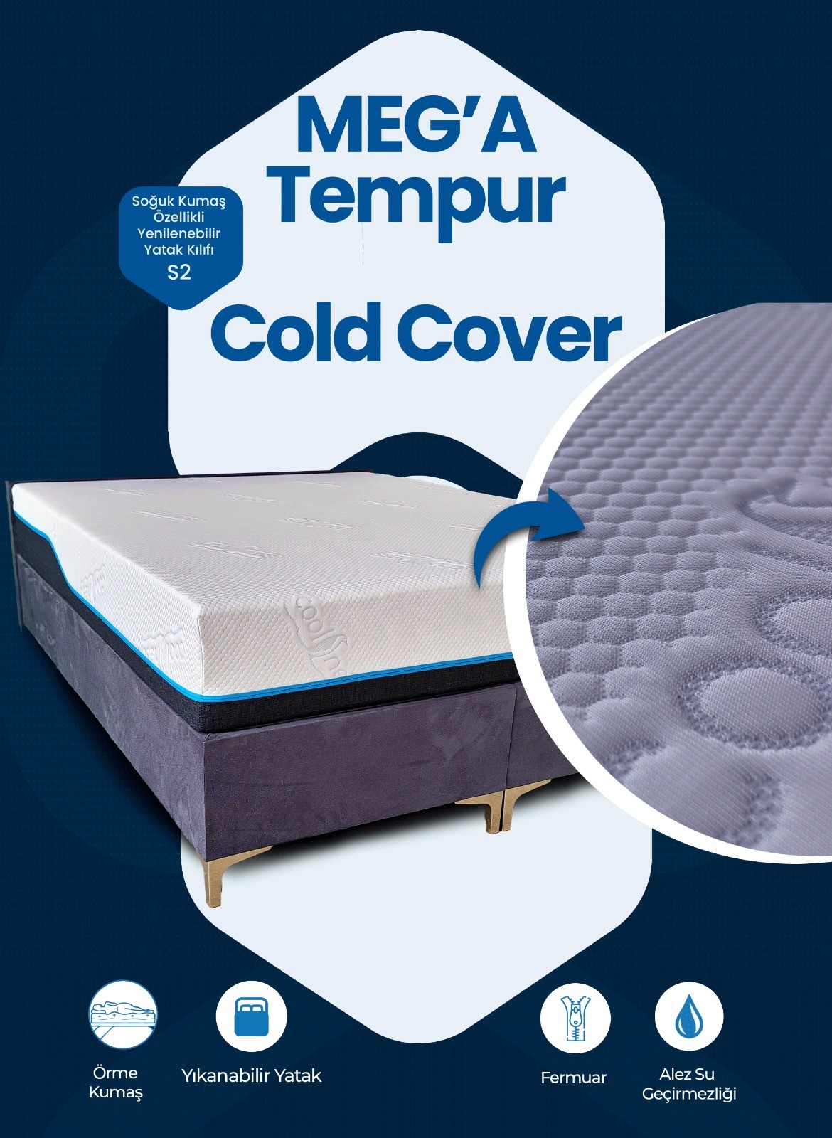 Meg'a Tempur Cold Cover Yatak Pedi&şiltesi Fermuarlı Yıkanabilir Yatak Kılıfı