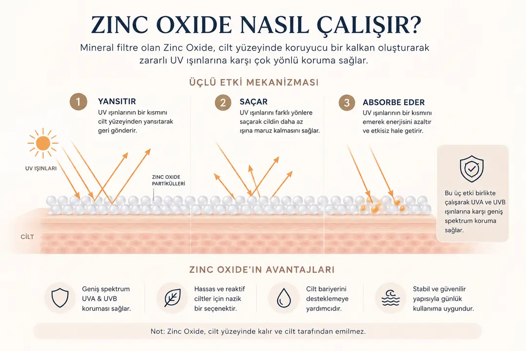 Zinc Oxide'ın UV ışınlarını yansıtma, saçma ve absorbe etme mekanizmasını gösteren mineral filtre infografiği.