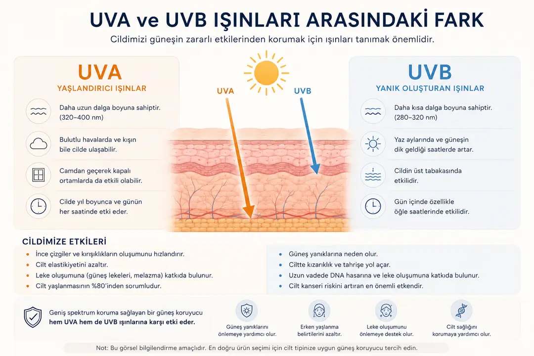 UVA ve UVB ışınlarının cilt üzerindeki etkilerini ve geniş spektrum güneş korumasındaki farklarını gösteren karşılaştırma infografiği.