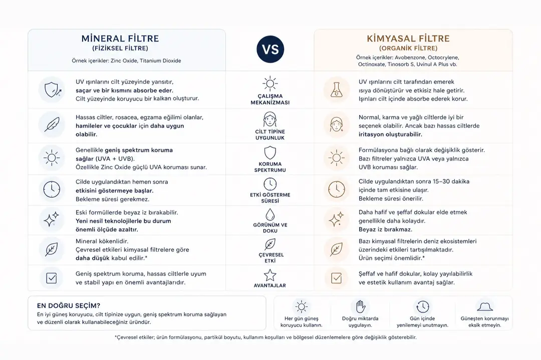 Mineral filtreli ve kimyasal filtreli güneş koruyucuların çalışma prensiplerini ve temel farklarını karşılaştıran bilgi görseli.