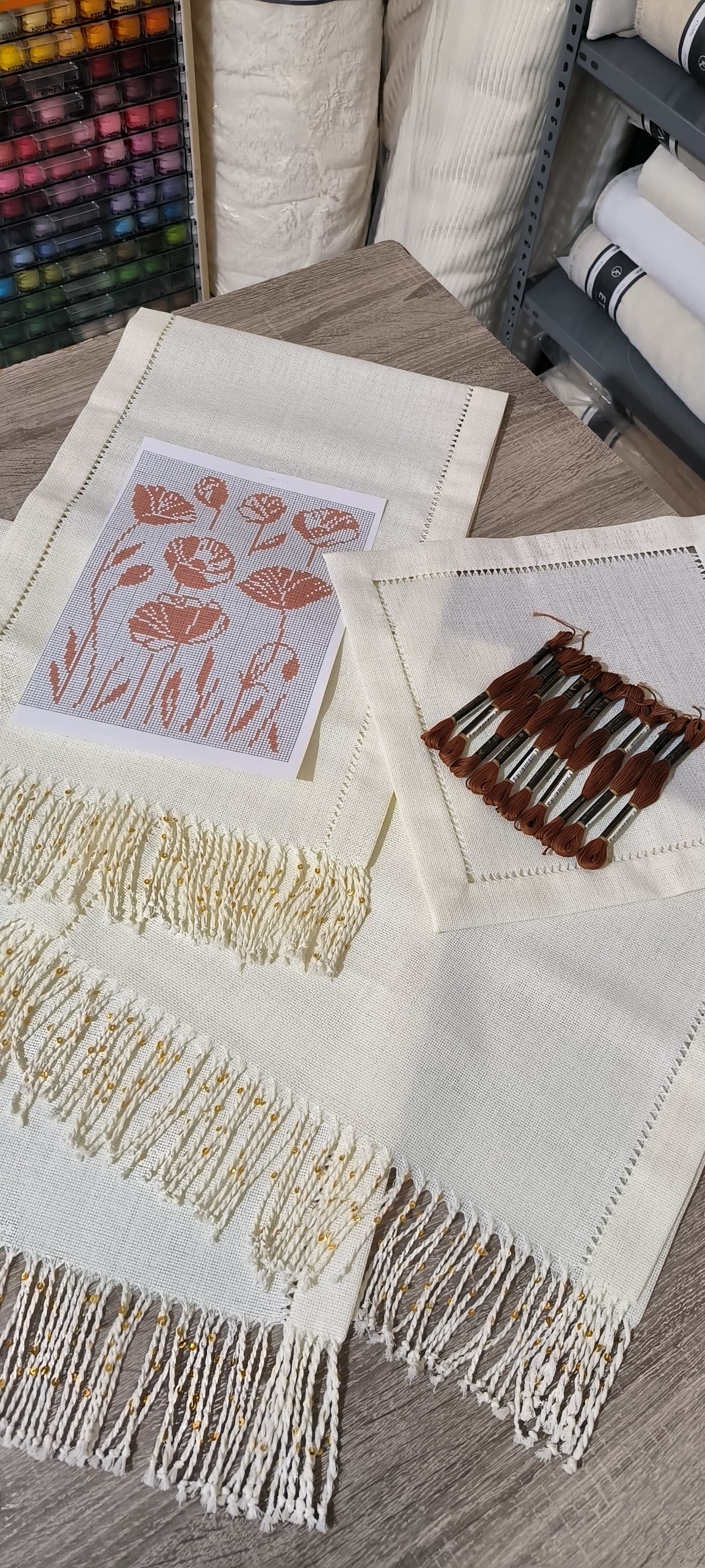 Salon takımı işleme kiti/ Püsküllü pulu antikali krem etuval linen 
