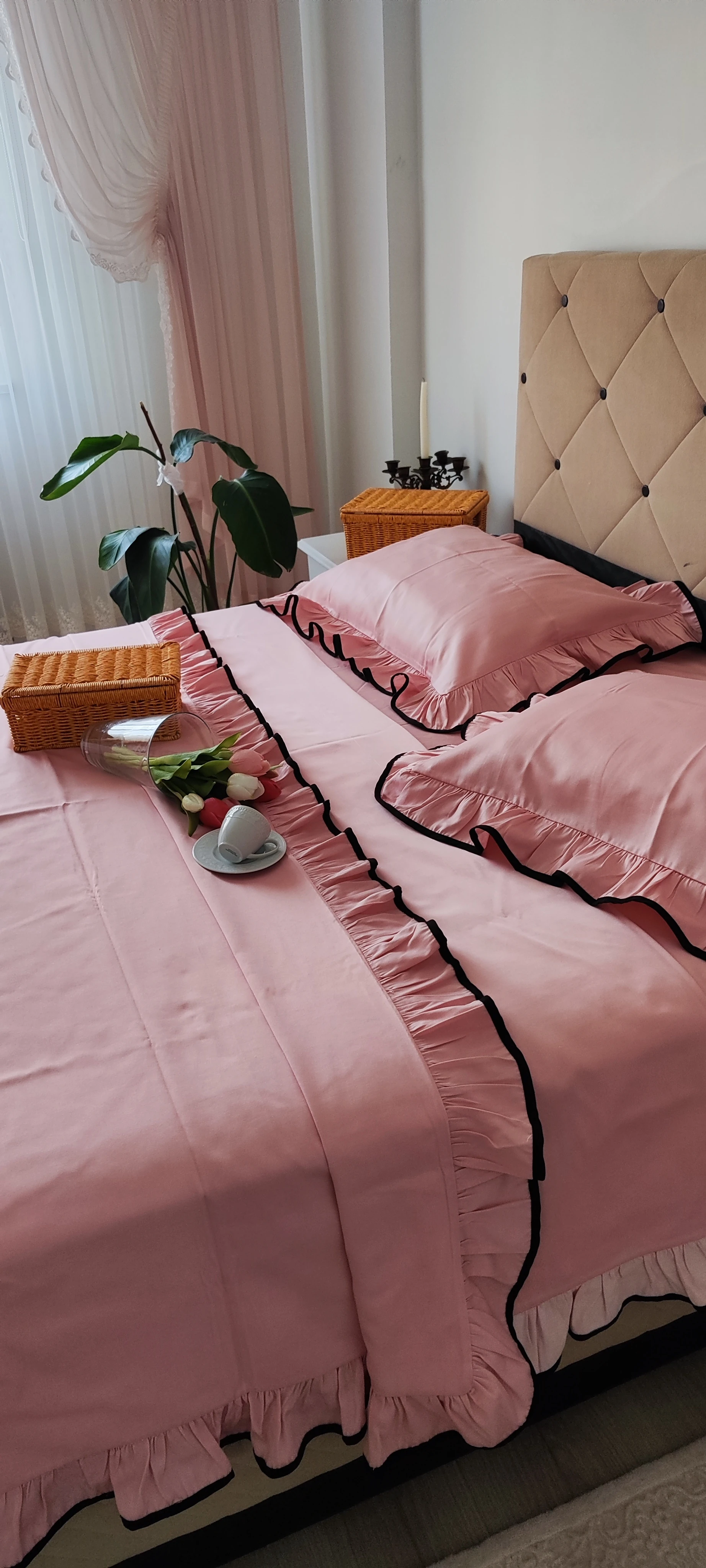 Fırfırlı Nevresim takımı / pudra pamuklu mat saten 