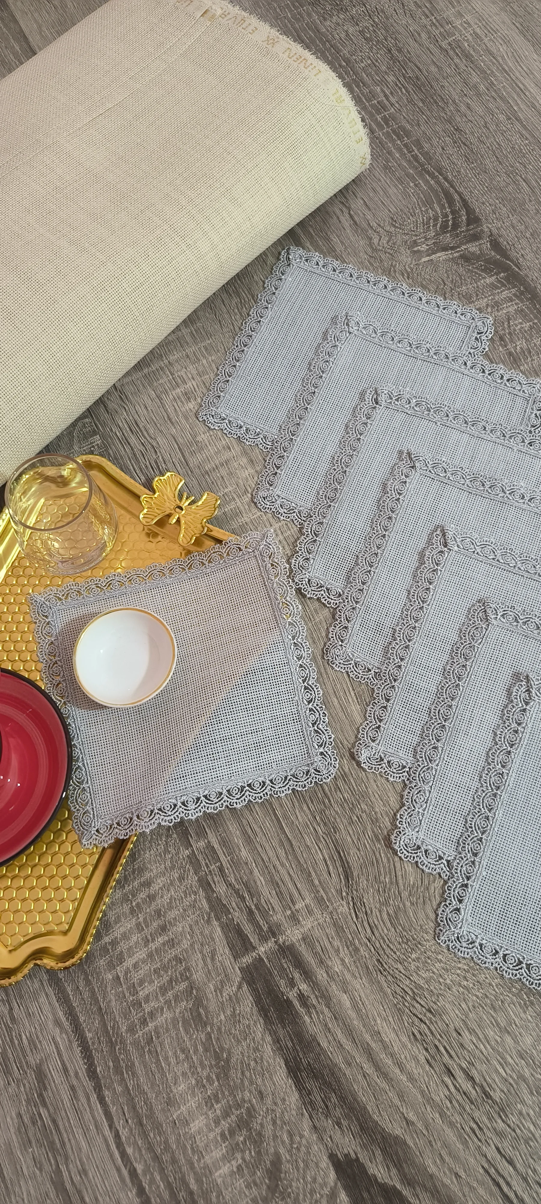 1 adet sunum peçetesi/  gri güpürlü işlenebilir 