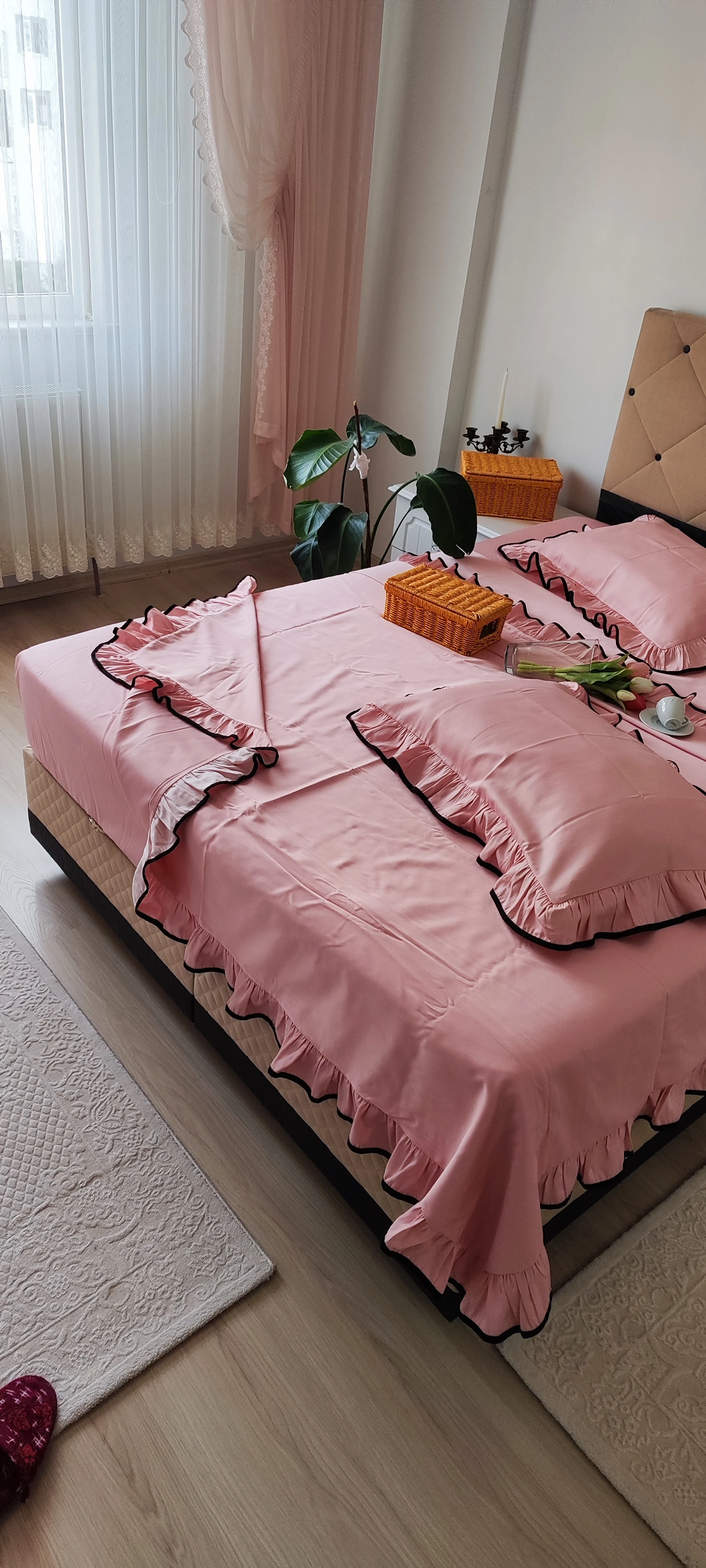 Fırfırlı Nevresim takımı / pudra pamuklu mat saten 